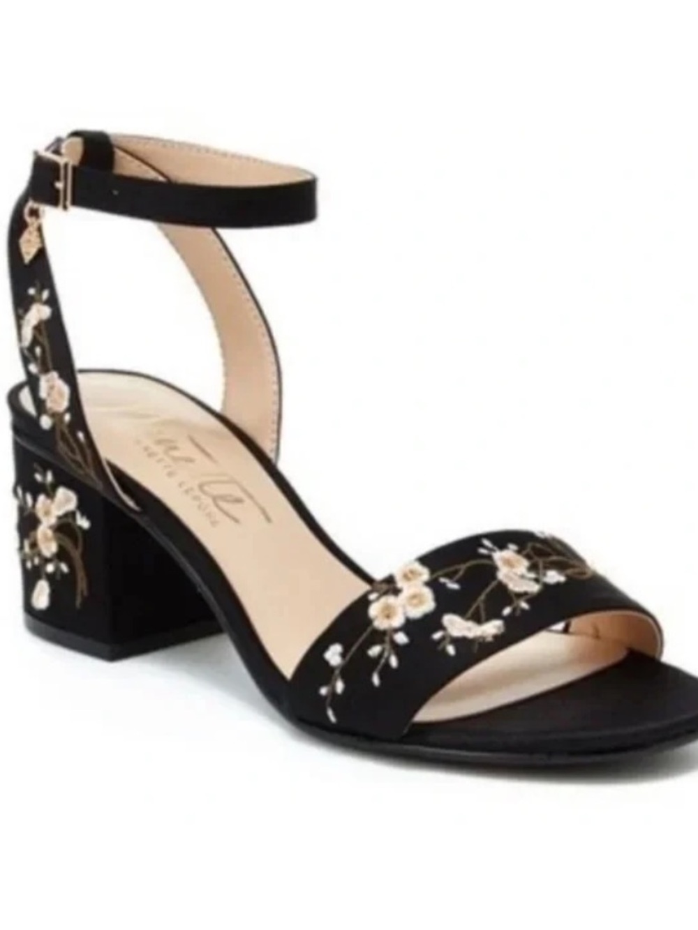 Nanette Lepore Black Floral Embroidered Block Heel Sandals
